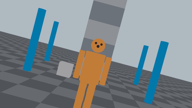 カメラを横に傾けて、地面と柱が斜めになった画面