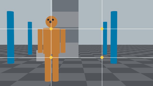 画面を縦と横に3つずつ分ける白い線と、その交点。人物は左の縦線の上に立っている
