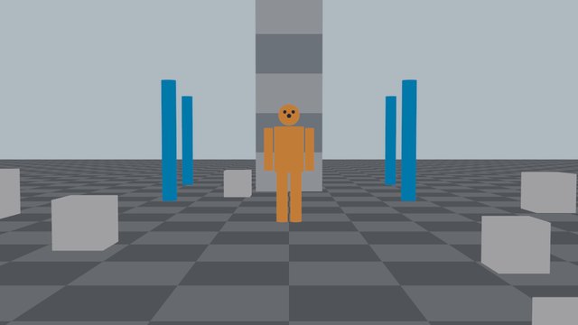 人物の全身と、周りの柱や箱まで見える画面