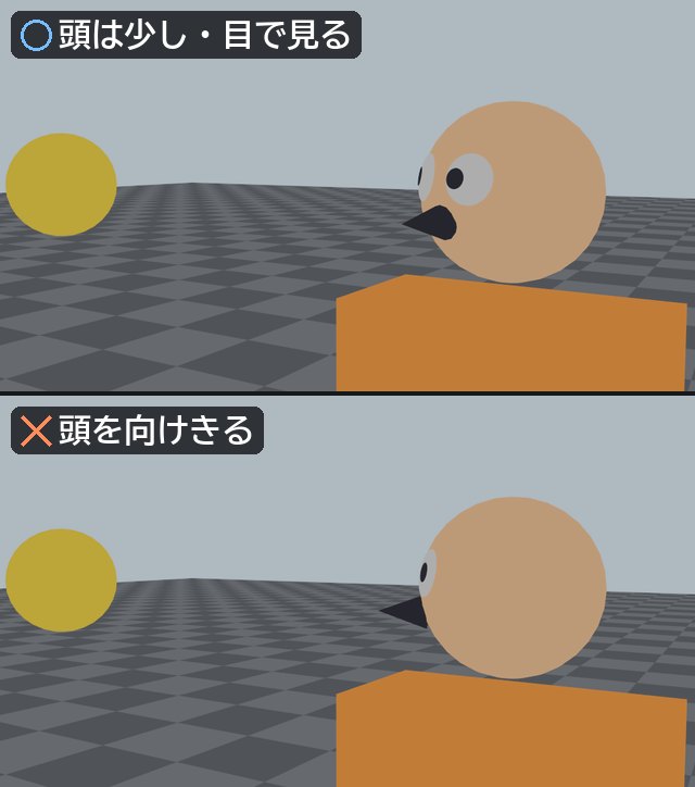 黄色の玉を見ている人形の頭が2つ。上は頭を少しだけ向けて目で見ている良い例。下は頭を玉へ向けきっている例